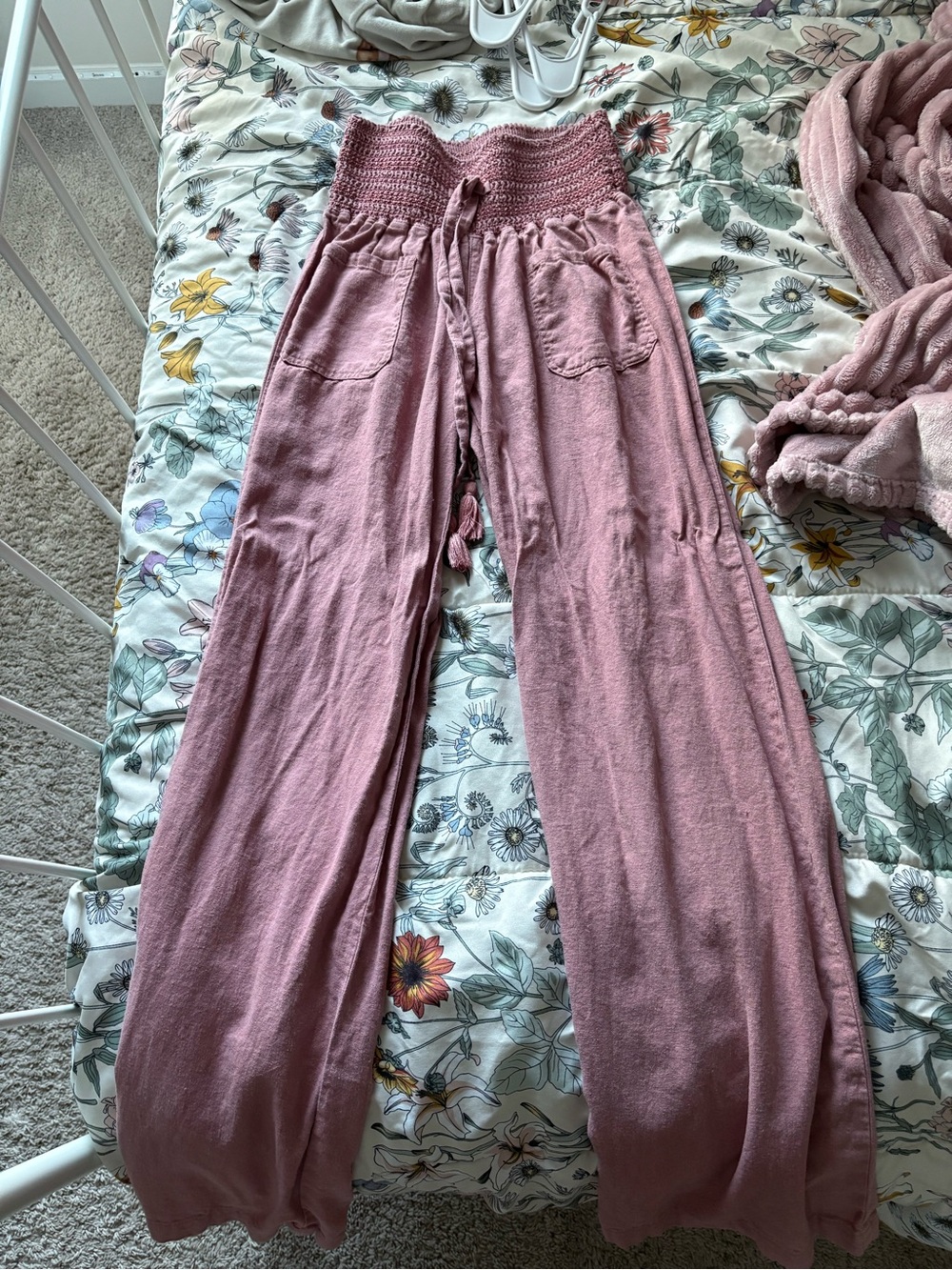 Dusty Rose Wide-Leg Smocked Waist Pants